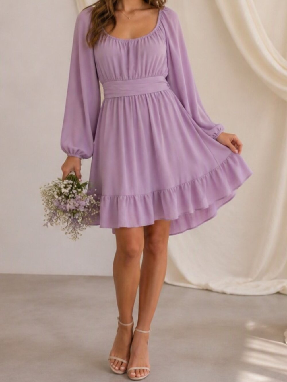 Mauve Bow Keyhole Smocked Back Dress L Boho Cottagecore Ruffle Hem Flowy